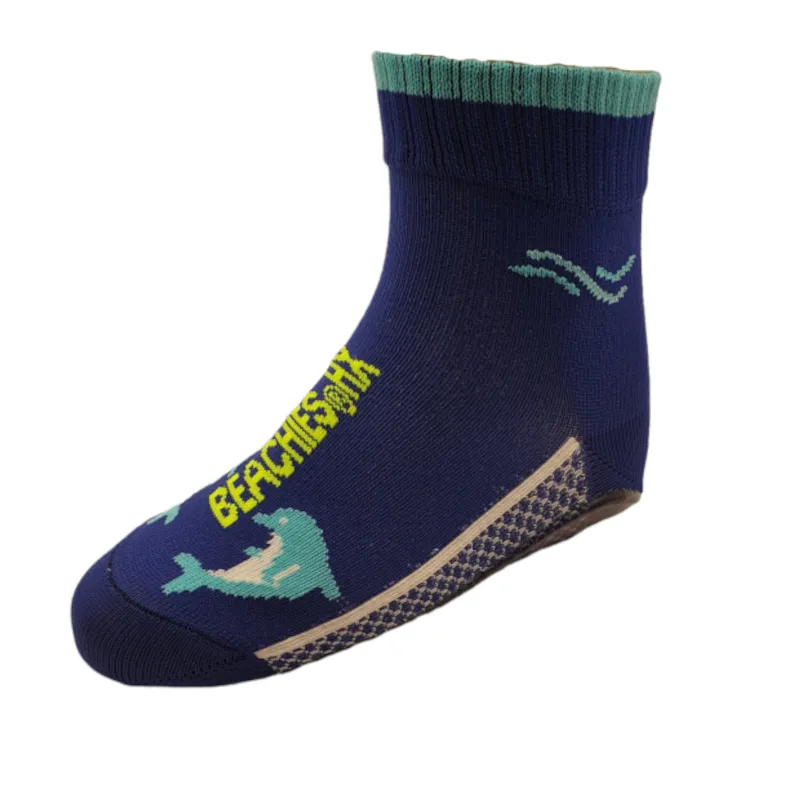 Beachies Watt-/Strandsocke mit schnittfester Sohle für Kinder in blau mit hellblauem Delfin seitlich