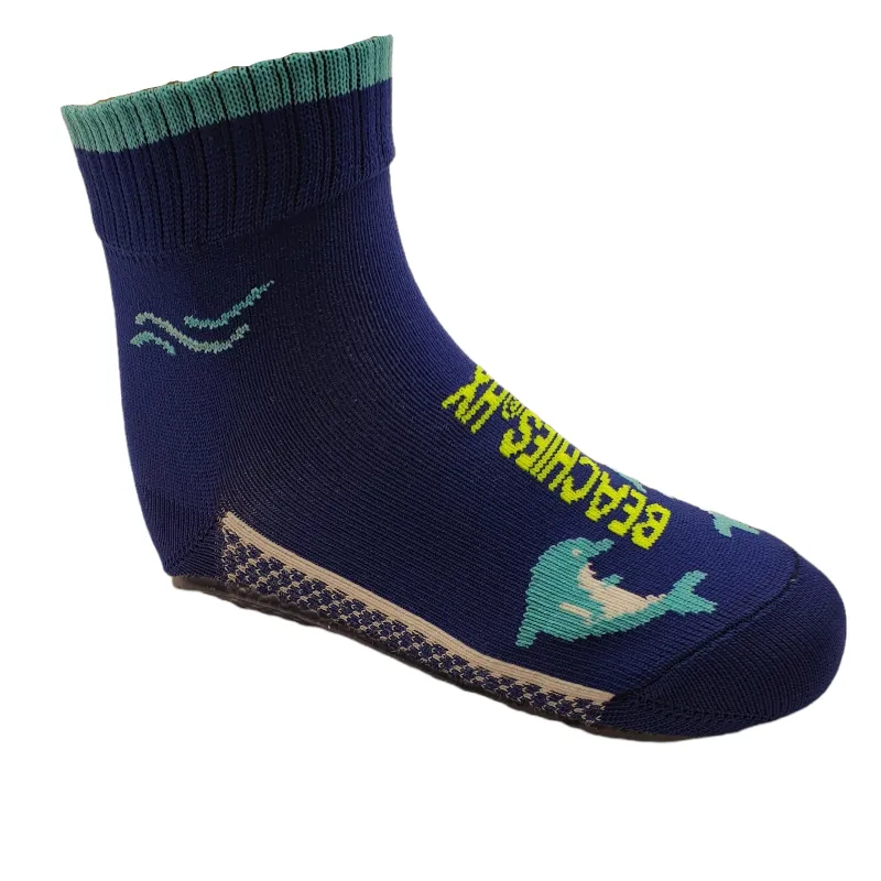 Beachies Watt-/Strandsocke mit schnittfester Sohle für Kinder in blau mit hellblauem Delfin