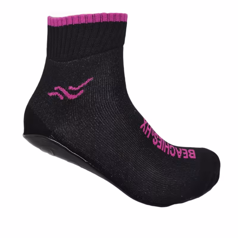 Beachies Watt-/Strandsocke mit schnittfester Sohle in schwarz mit pinkem Bund