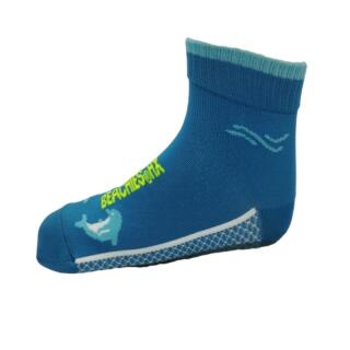 Beachies Watt-/Strandsocke mit schnittfester Sohle für Kinder in türkis mit hellblauem Delfin seitlich