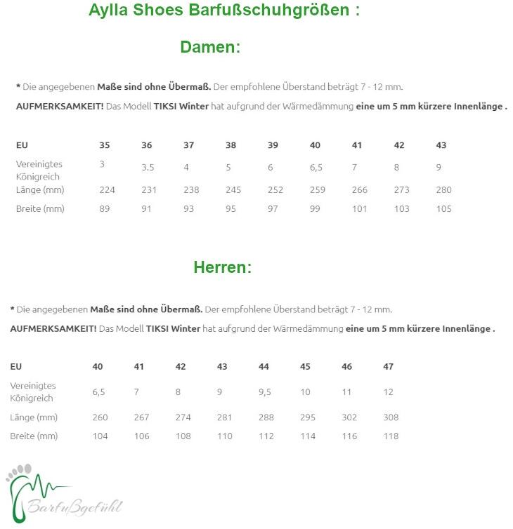 Größentabelle Aylla Shoes - Barfußschuhe