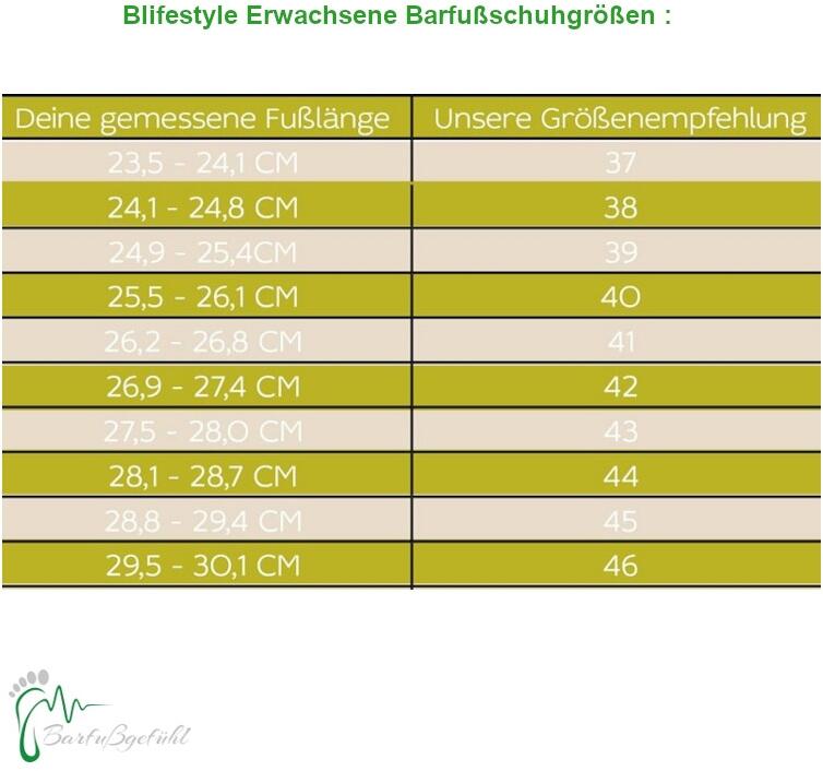 Größentabelle Blifestyle Erwachsenen Barfußschuhe