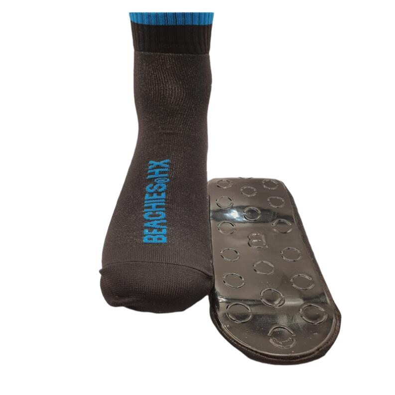 Beachies Watt-/Strandsocke mit schnittfester Sohle in schwarz mit petrol-farbenem Bund frontal und